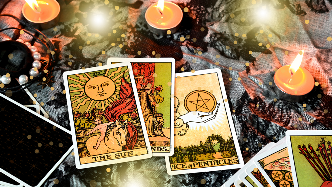 A beautifully arranged Tarot spread featuring The Sun, The Chariot, The Queen of Wands, Strength, and The Magician—since these are confidence-boosting cards.