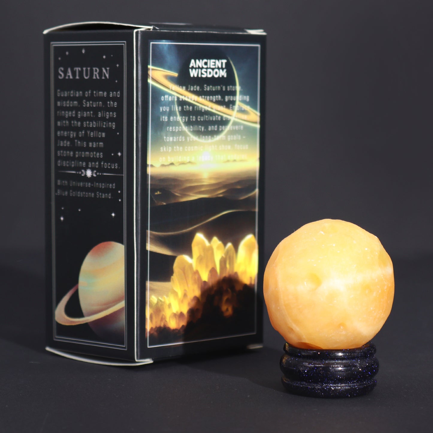 Yellow Jade Planet on a Solar Goldstone Stand (SATURN)