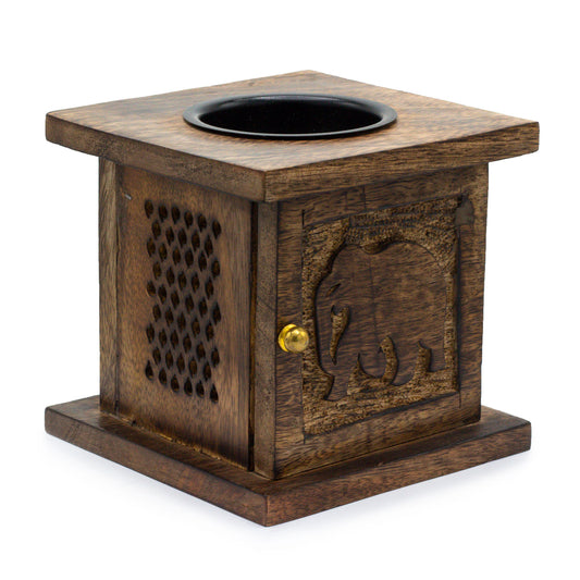 Large Mango Wood Box Oil Burner - Elephant Design