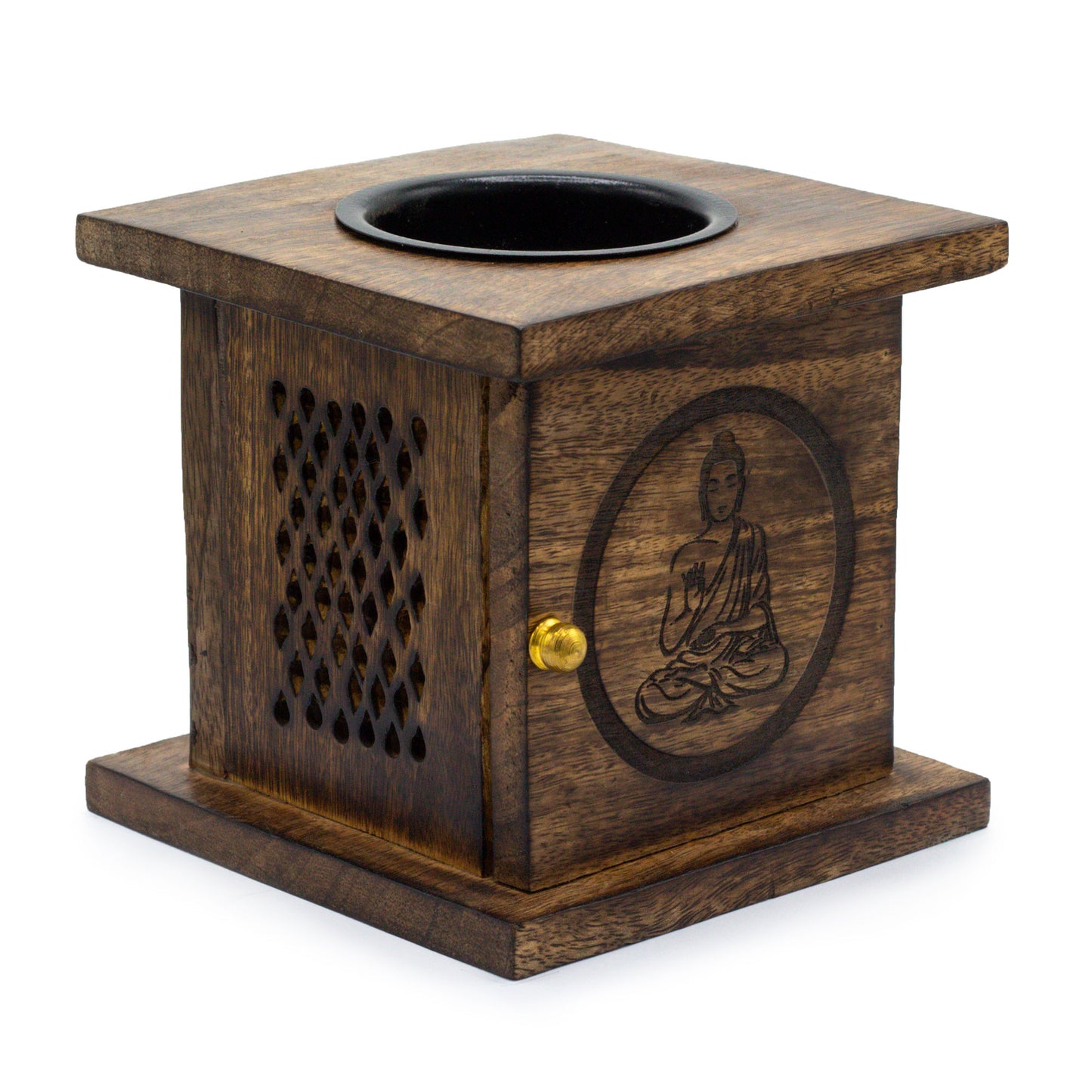 Large Mango Wood Box Oil Burner - Buddha Design