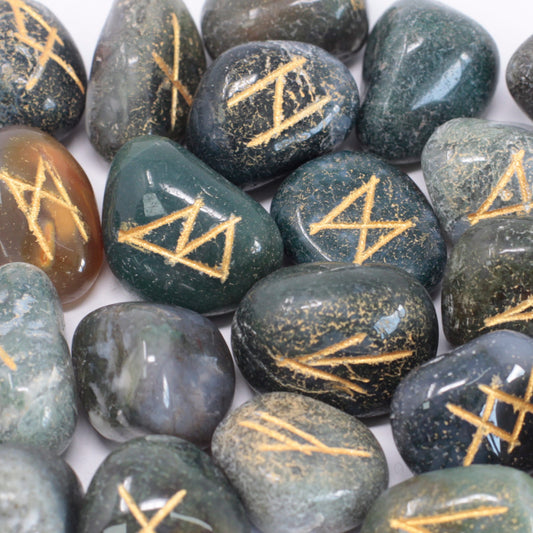 Moss Agate Rune Stone Set in Pouch - 25 Handcrafted Mystical Stones for Spiritual Guidance