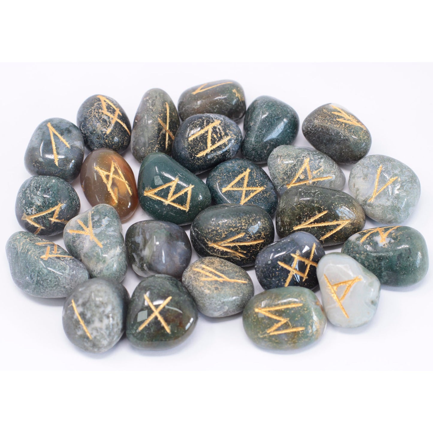 Moss Agate Rune Stone Set in Pouch - 25 Handcrafted Mystical Stones for Spiritual Guidance