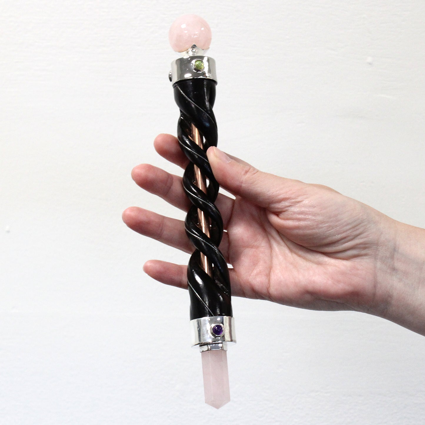 Spiral Carving Healing Wand - Copper Pipe Rose Quartz